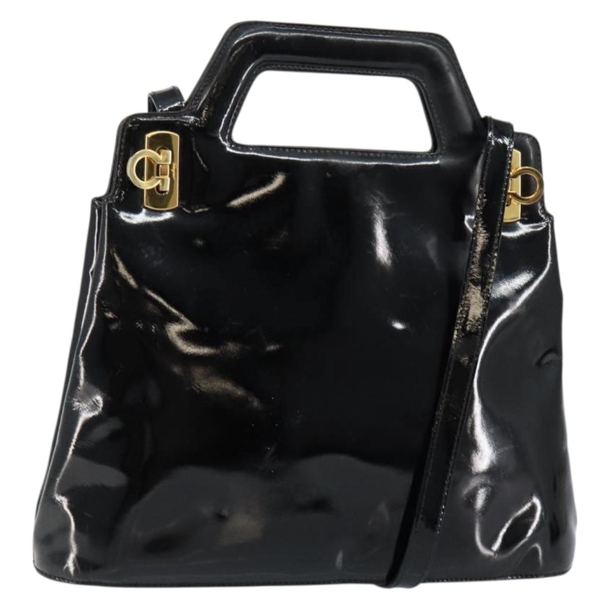 Salvatore Ferragamo Gancini Hand Bag Enamel 2way Black Gold Auth 147151