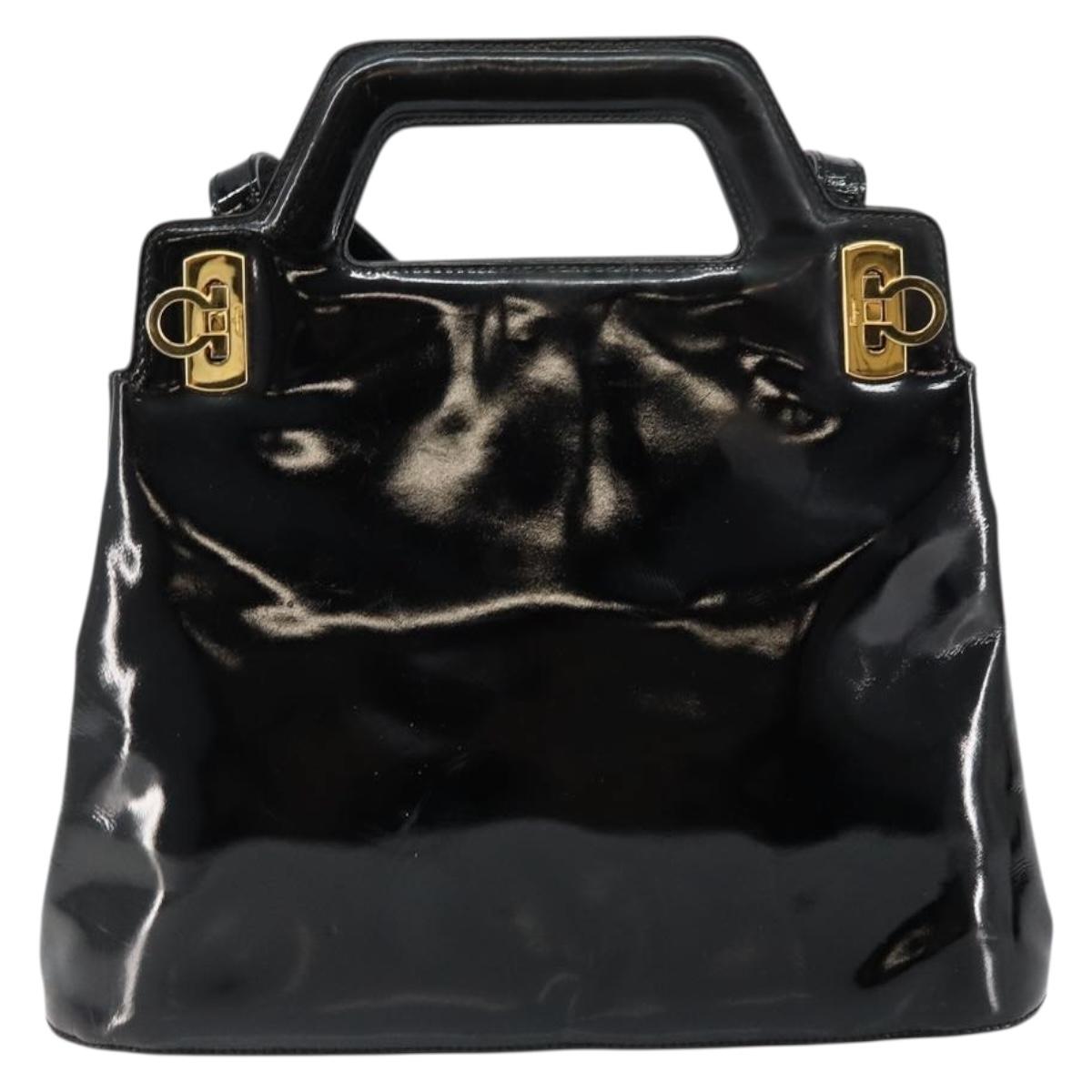 Salvatore Ferragamo Gancini Hand Bag Enamel 2way Black Gold Auth 147151