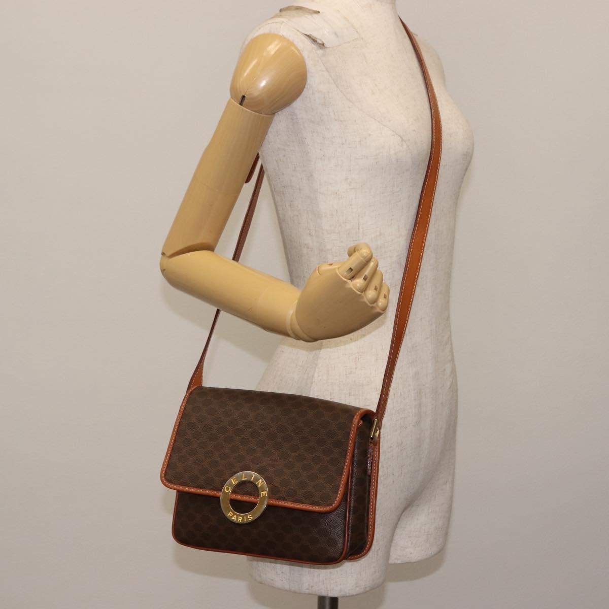 CELINE Macadam Canvas Circle Shoulder Bag PVC Leather Brown Gold Auth 147158