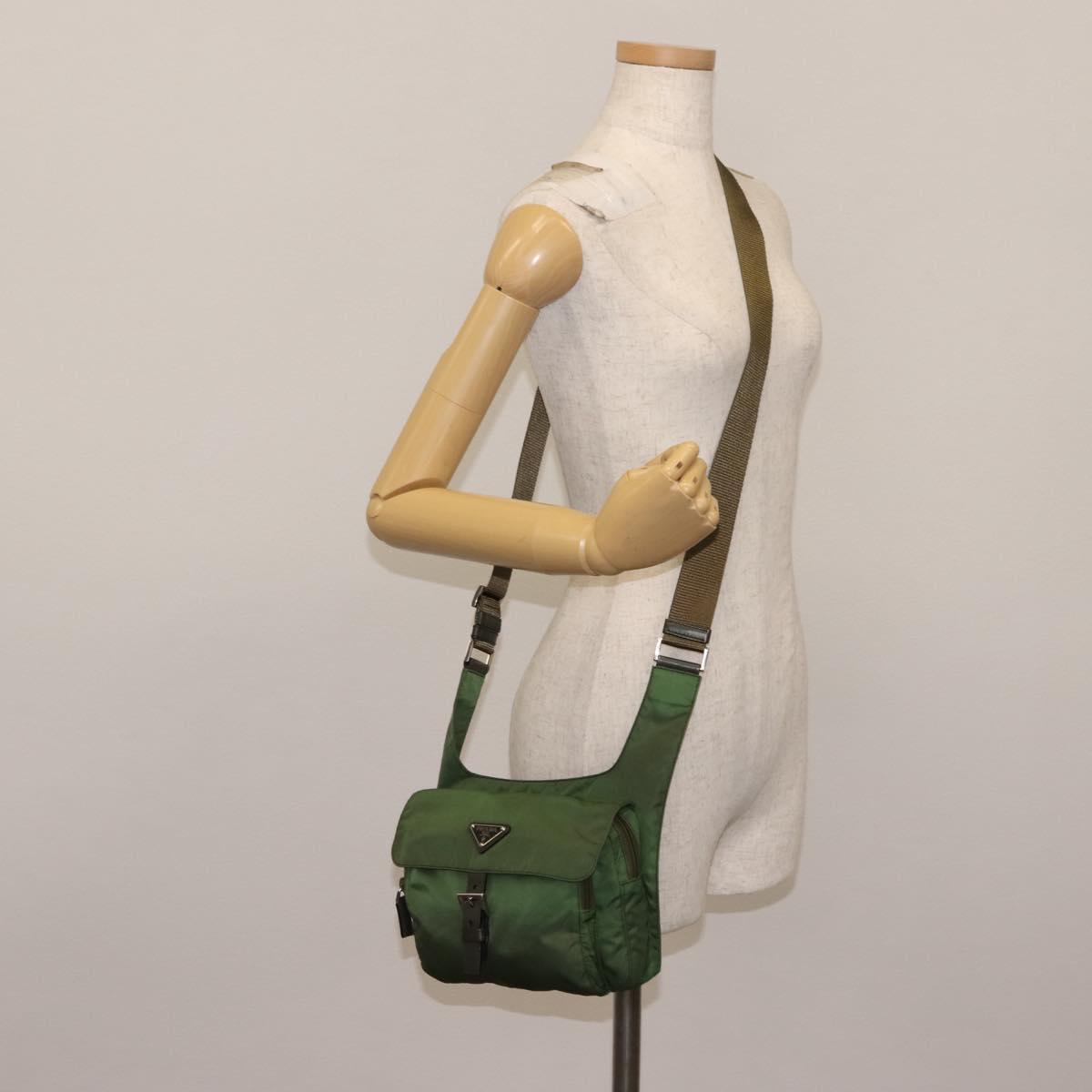PRADA Shoulder Bag Nylon Green Silver Auth 147192