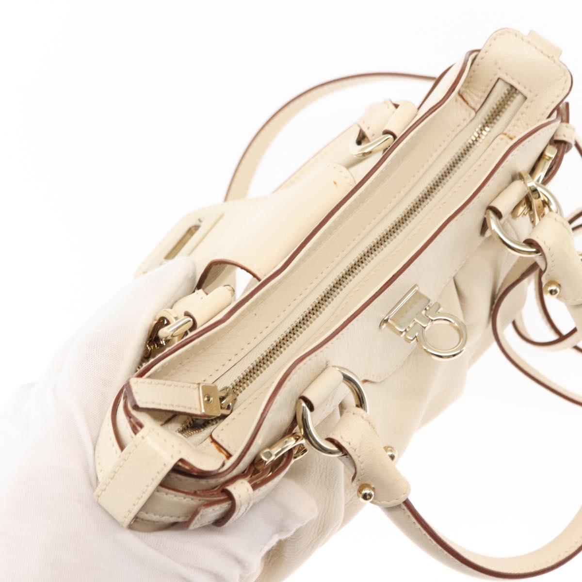 Salvatore Ferragamo Gancini Hand Bag Leather 2way White Gold Auth 147238