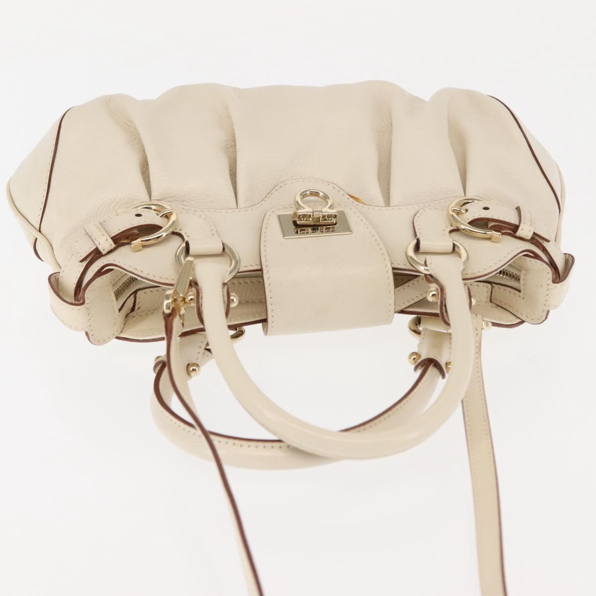 Salvatore Ferragamo Gancini Hand Bag Leather 2way White Gold Auth 147238