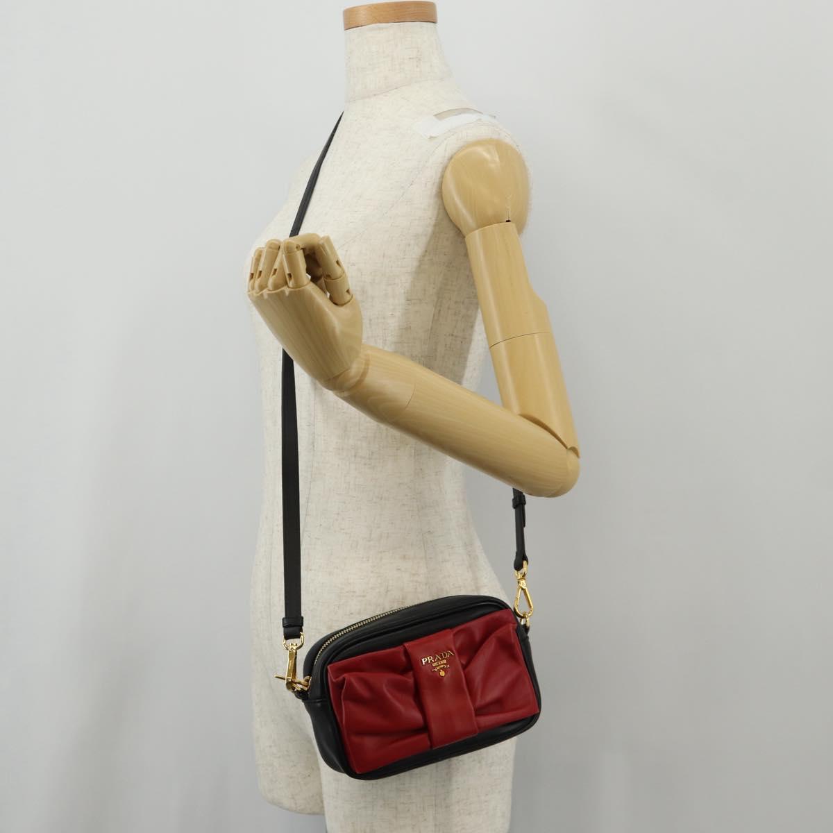 PRADA Ribbon Shoulder Bag Leather Black Red gold Auth 147259V