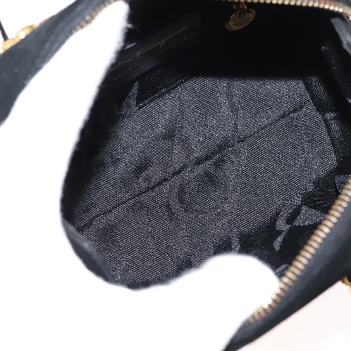 Salvatore Ferragamo Gancini Hand Bag Suede Leather 2way Black Gold Auth 147383
