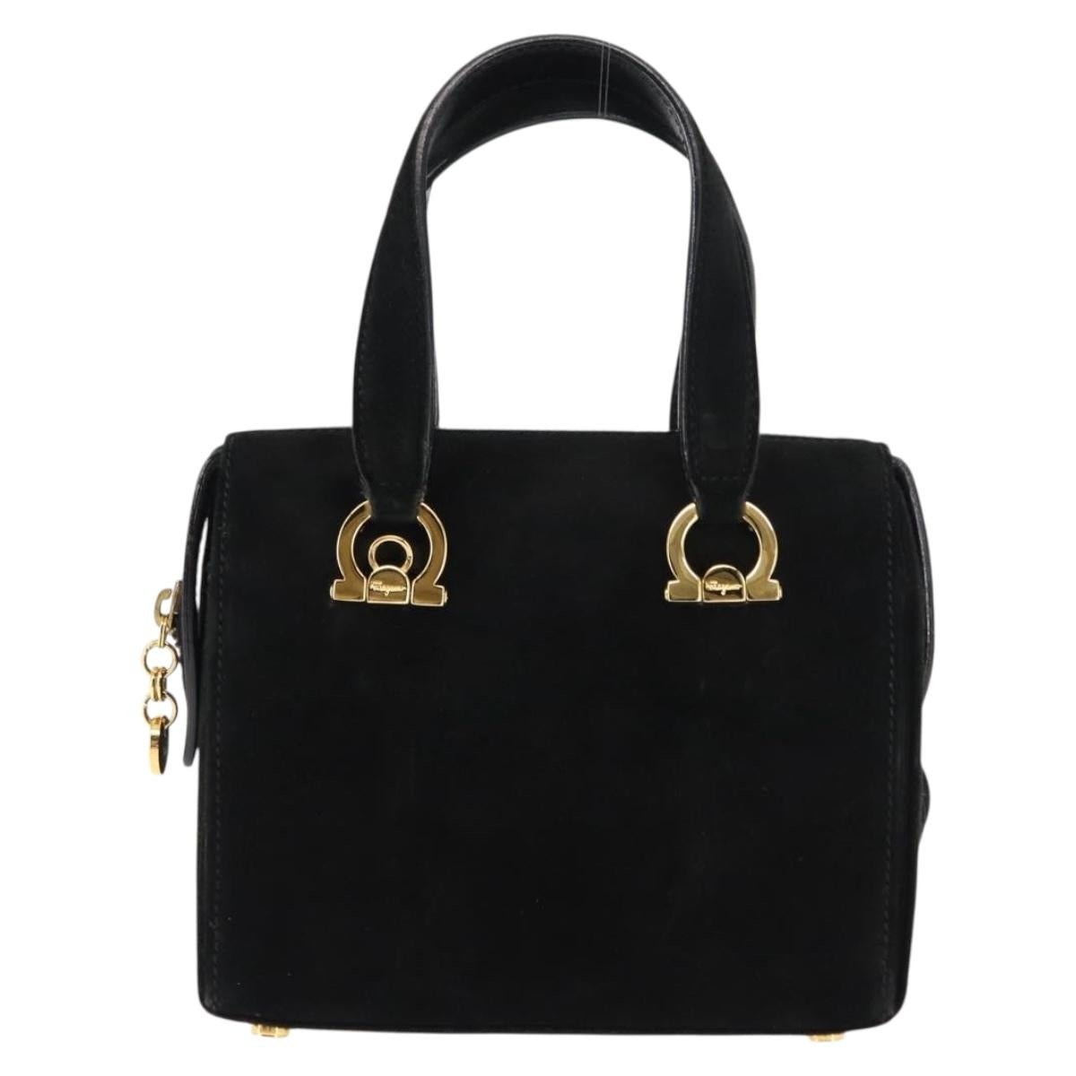 Salvatore Ferragamo Gancini Hand Bag Suede Leather 2way Black Gold Auth 147383