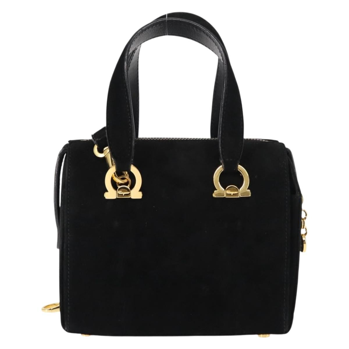 Salvatore Ferragamo Gancini Hand Bag Suede Leather 2way Black Gold Auth 147383