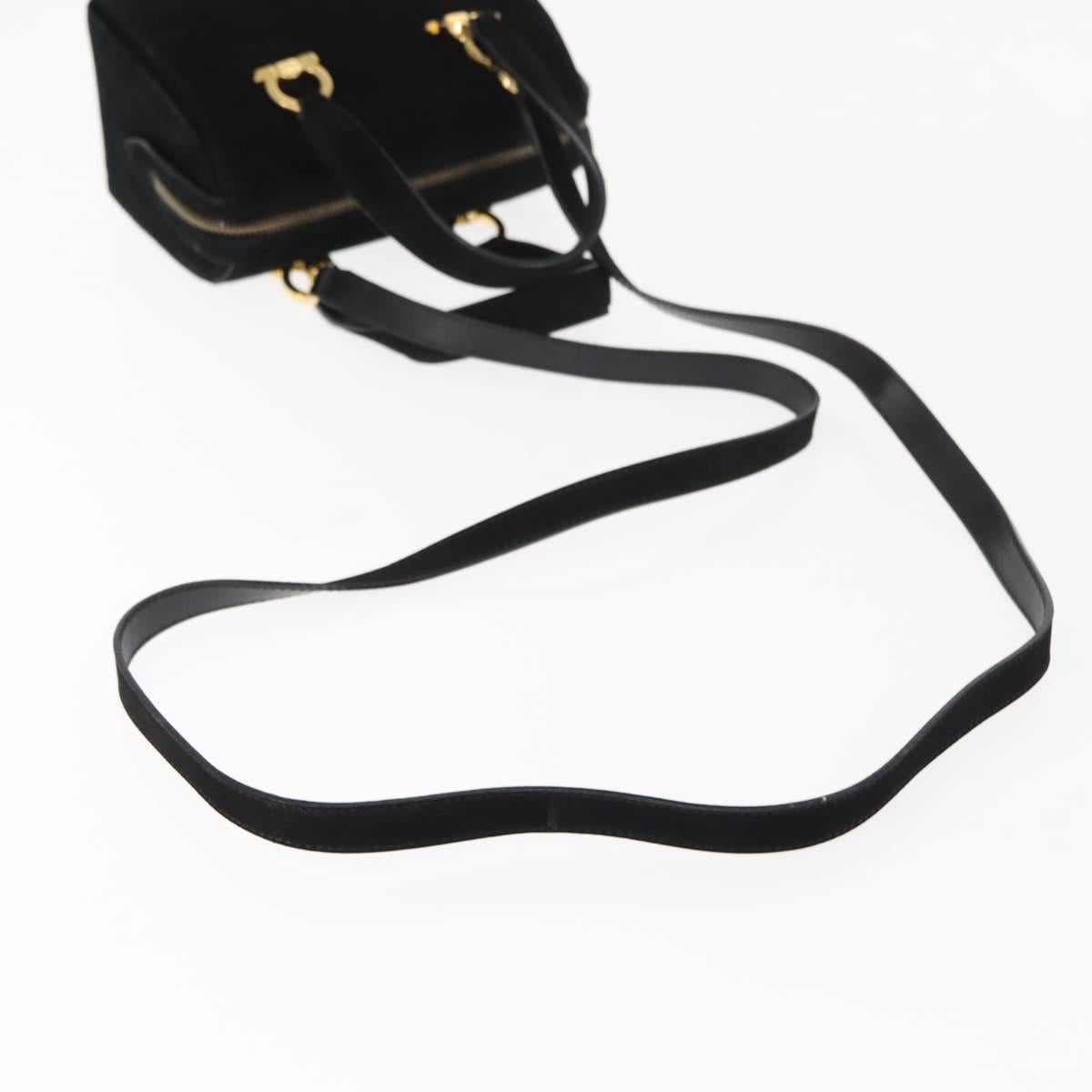 Salvatore Ferragamo Gancini Hand Bag Suede Leather 2way Black Gold Auth 147383