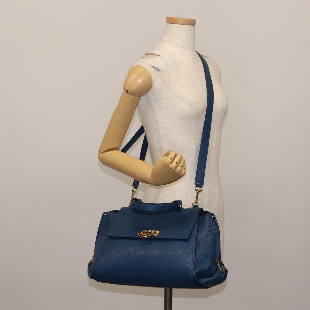 Salvatore Ferragamo Gancini Hand Bag Leather 2way Blue Gold Auth 147384