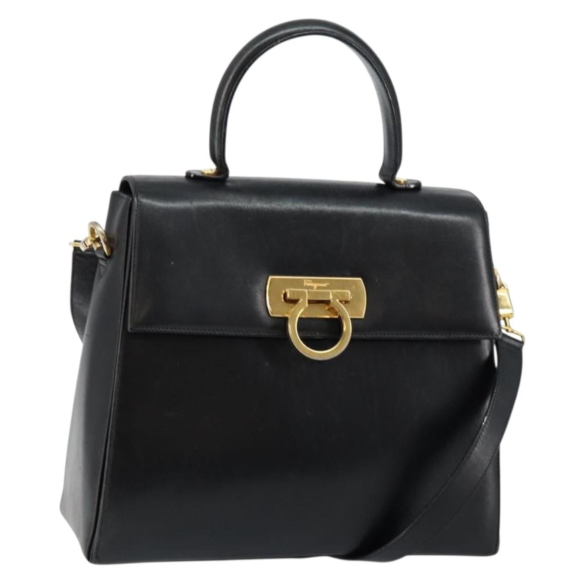 Salvatore Ferragamo Gancini Hand Bag Leather 2way Black Gold Auth 147387