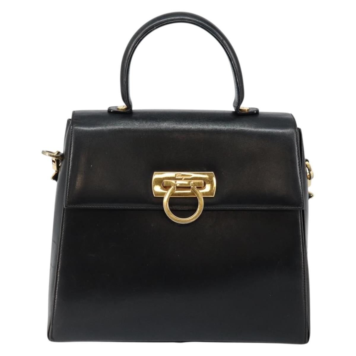 Salvatore Ferragamo Gancini Hand Bag Leather 2way Black Gold Auth 147387
