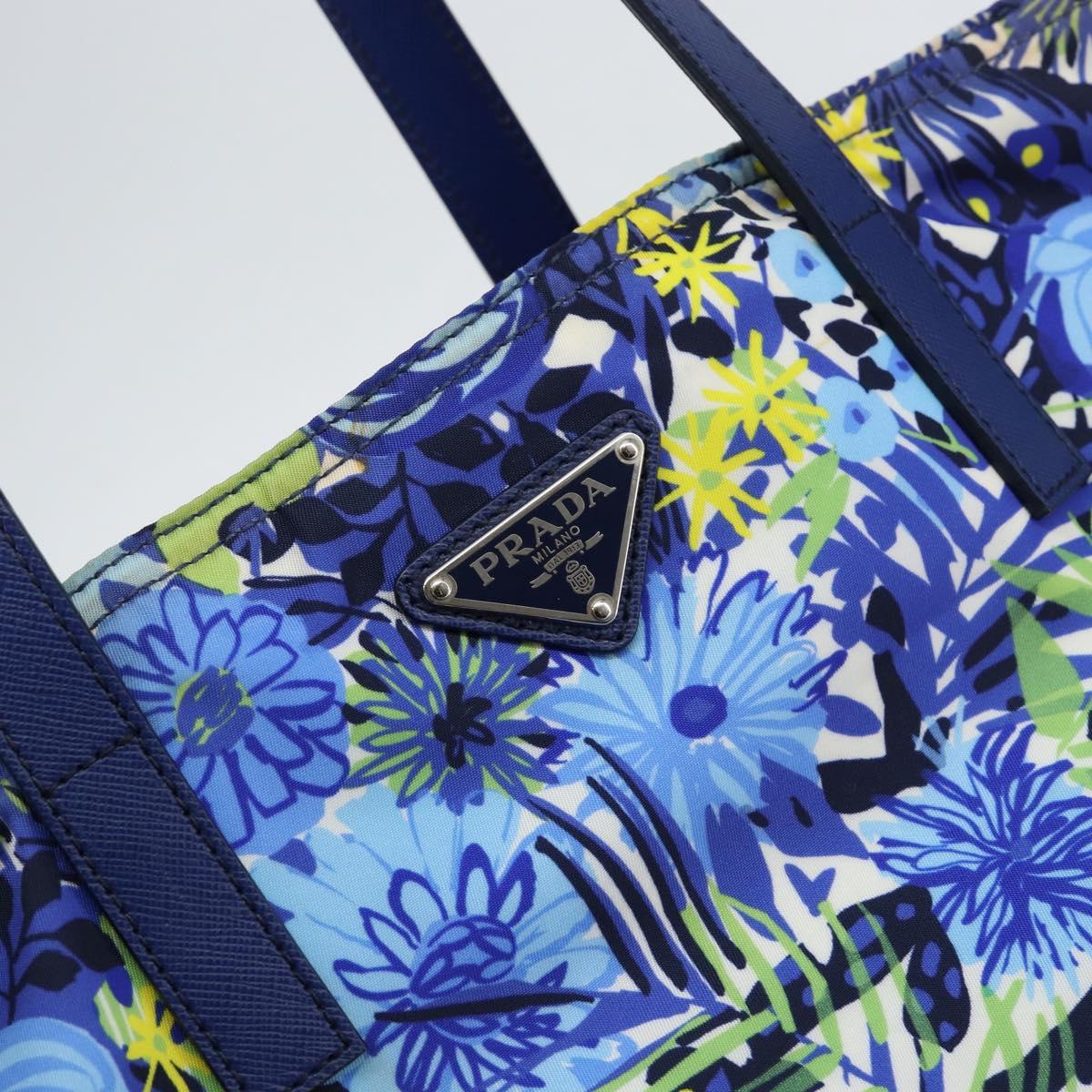 PRADA Tote Bag Nylon Leather Blue Silver Auth 147405