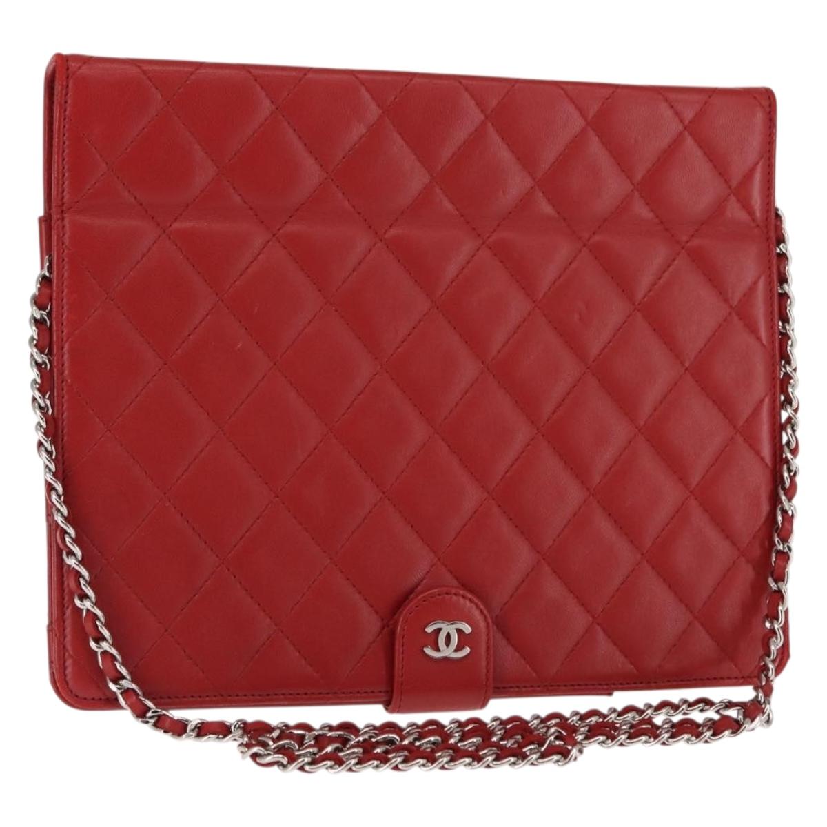 CHANEL Lamb Skin iPad Case Red Silver CC Auth 147409