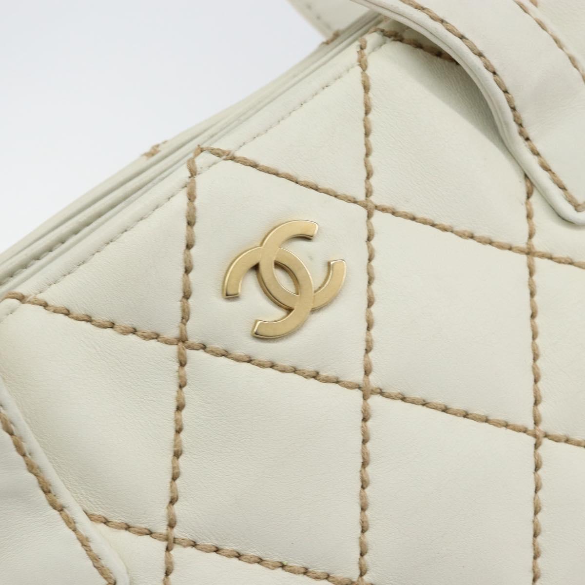 CHANEL Wild Stitch Hand Bag Leather White Gold CC Auth 147410