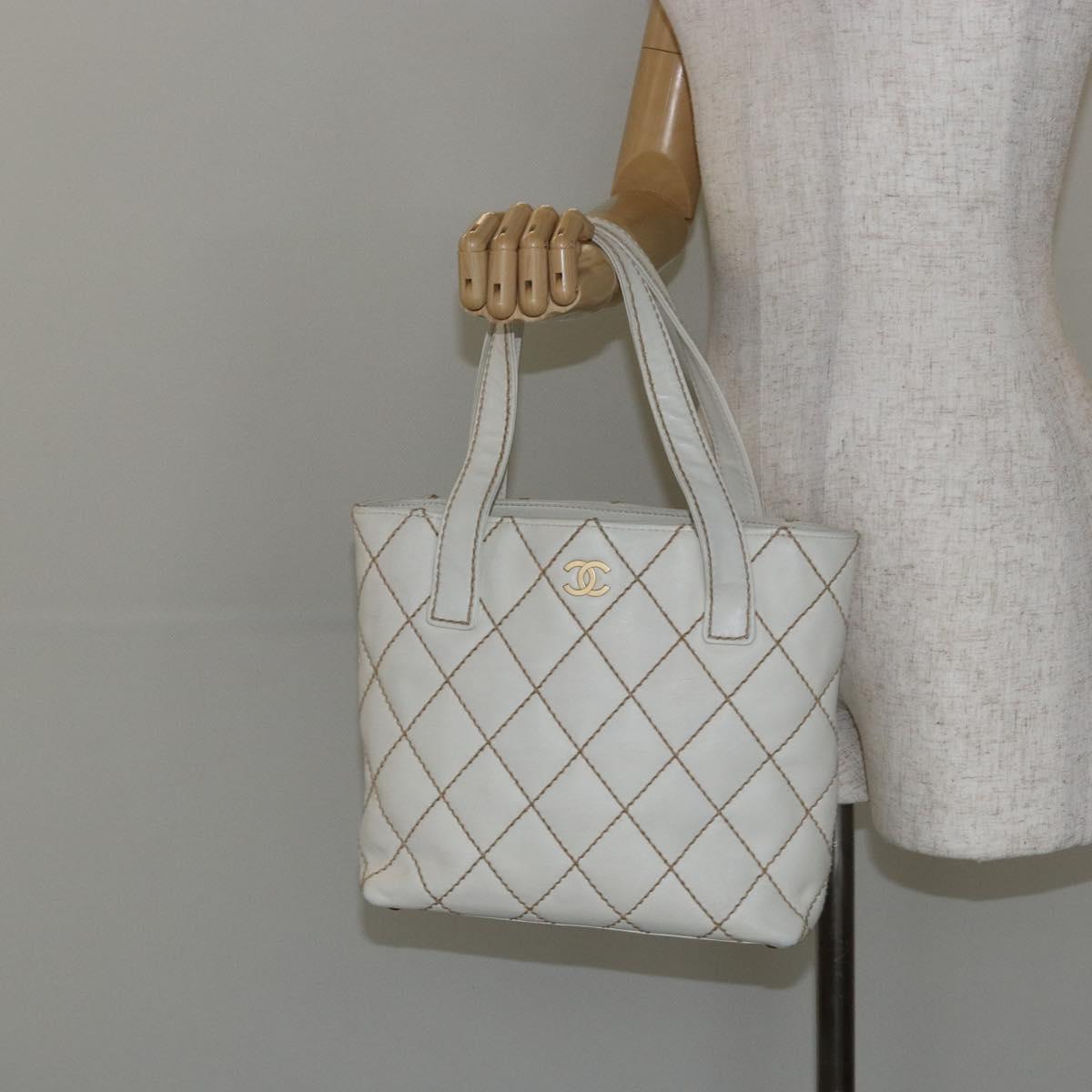 CHANEL Wild Stitch Hand Bag Leather White Gold CC Auth 147410