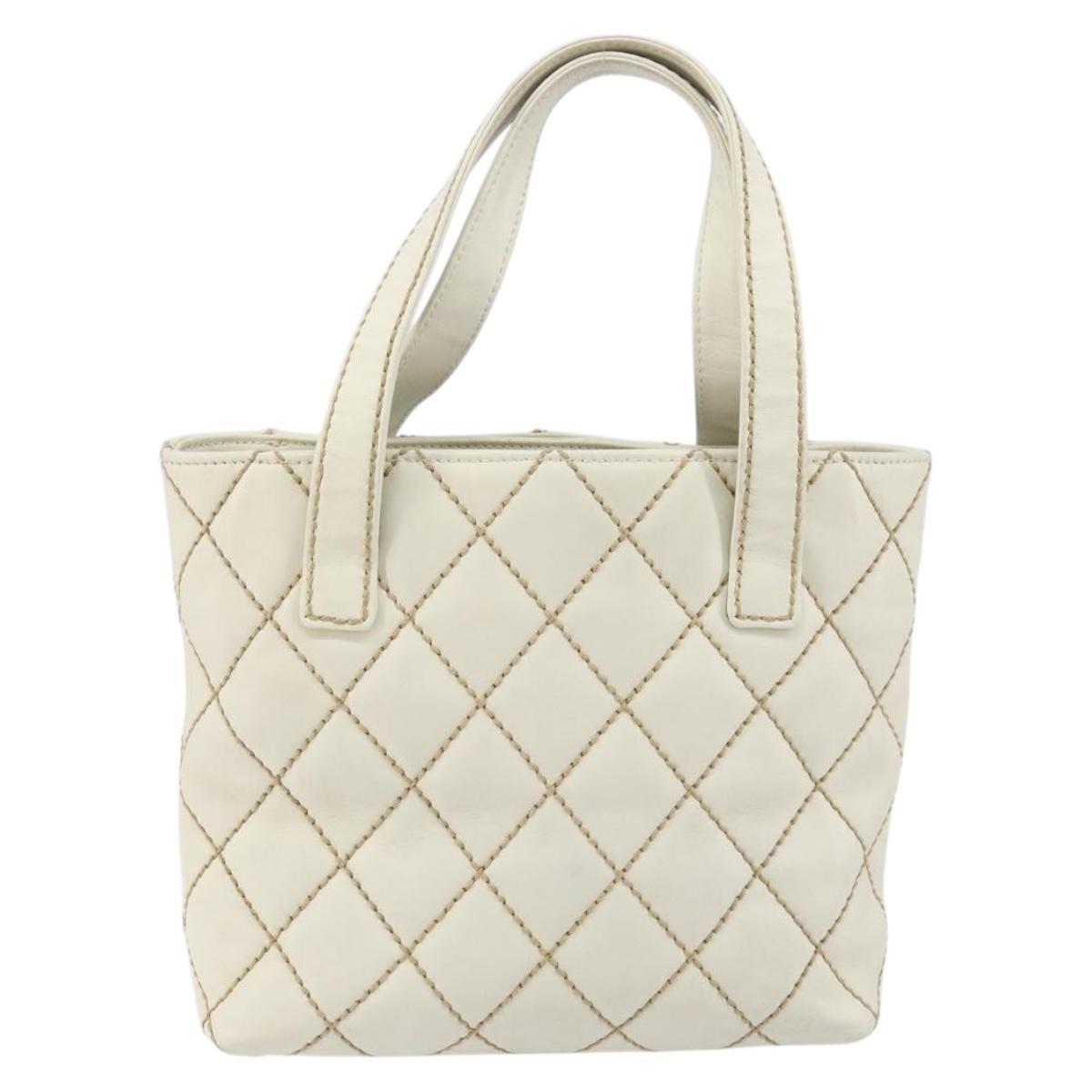 CHANEL Wild Stitch Hand Bag Leather White Gold CC Auth 147410