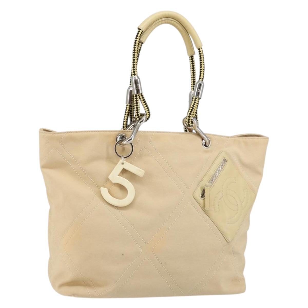 CHANEL Hand Bag Canvas Beige Silver CC Auth 147412