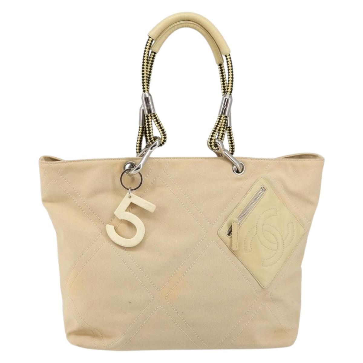 CHANEL Hand Bag Canvas Beige Silver CC Auth 147412