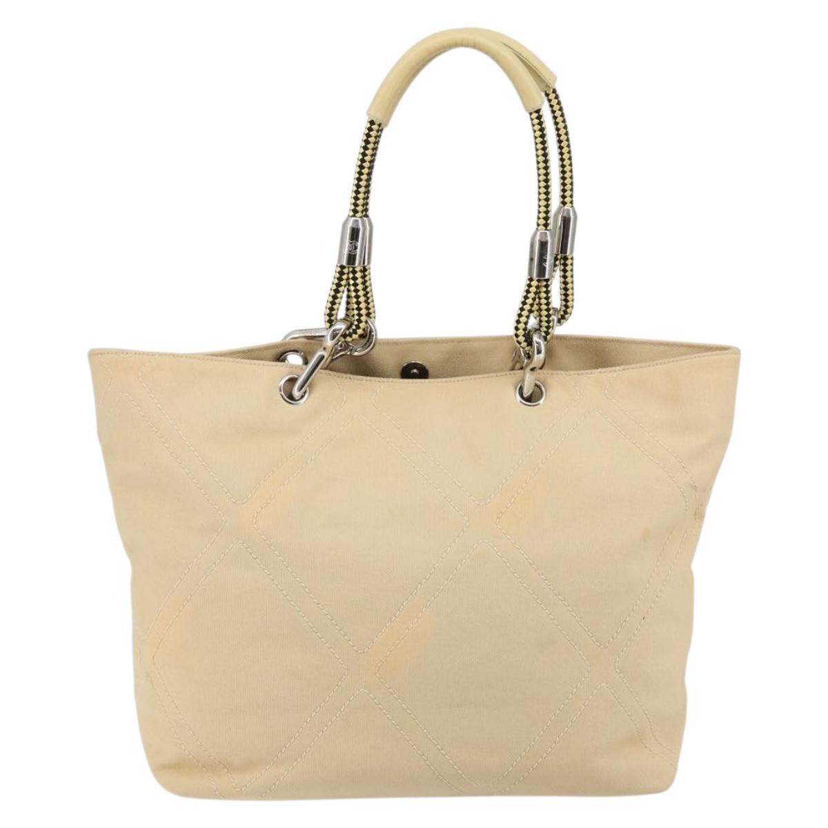 CHANEL Hand Bag Canvas Beige Silver CC Auth 147412