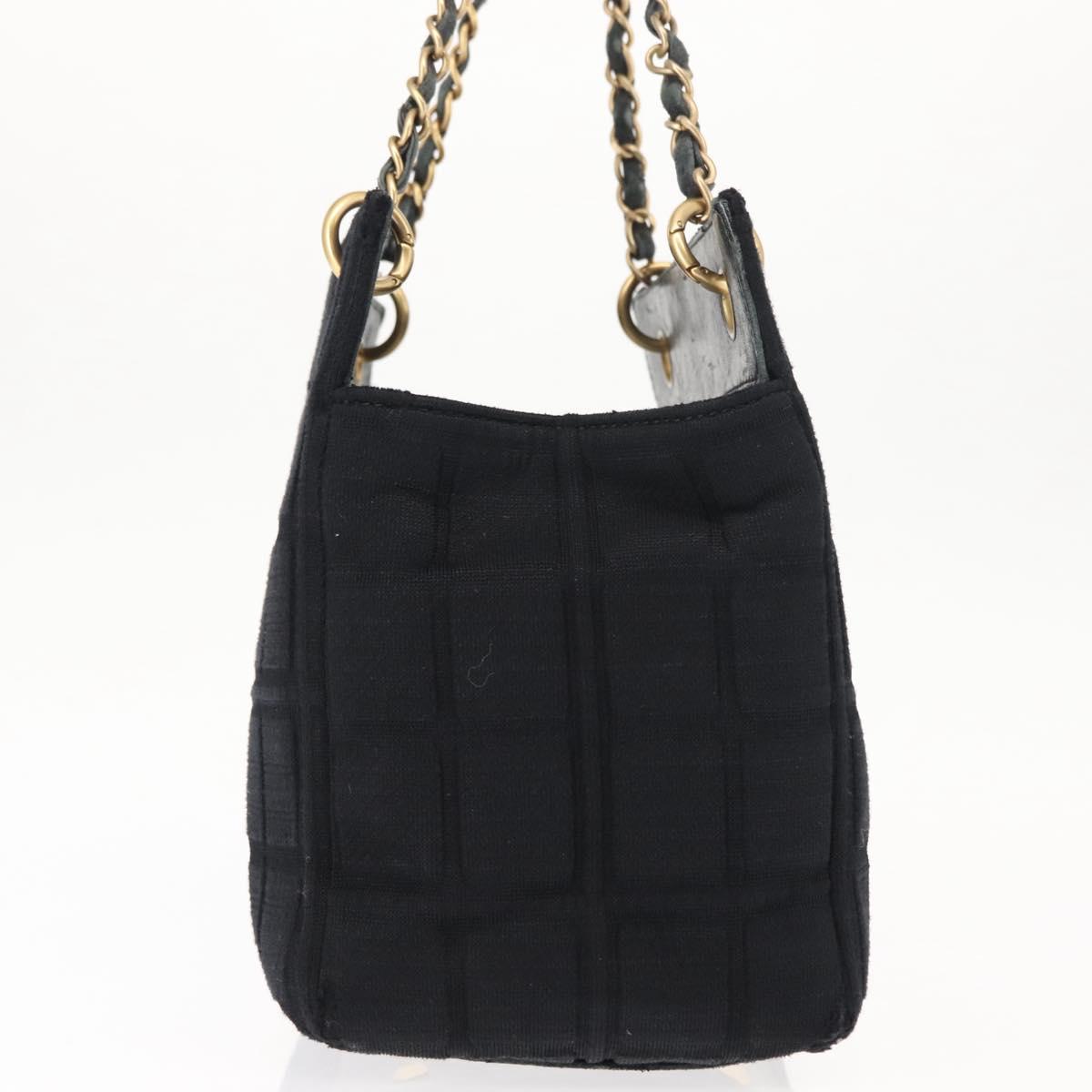 CHANEL Chain Choco Bar Line Hand Bag Canvas Black Gold CC Auth 147415