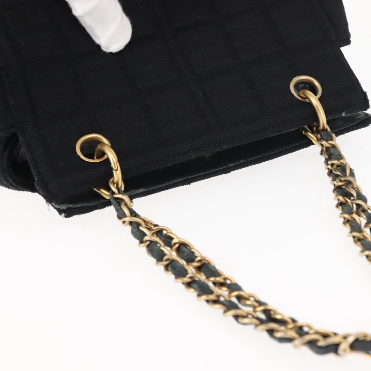 CHANEL Chain Choco Bar Line Hand Bag Canvas Black Gold CC Auth 147415