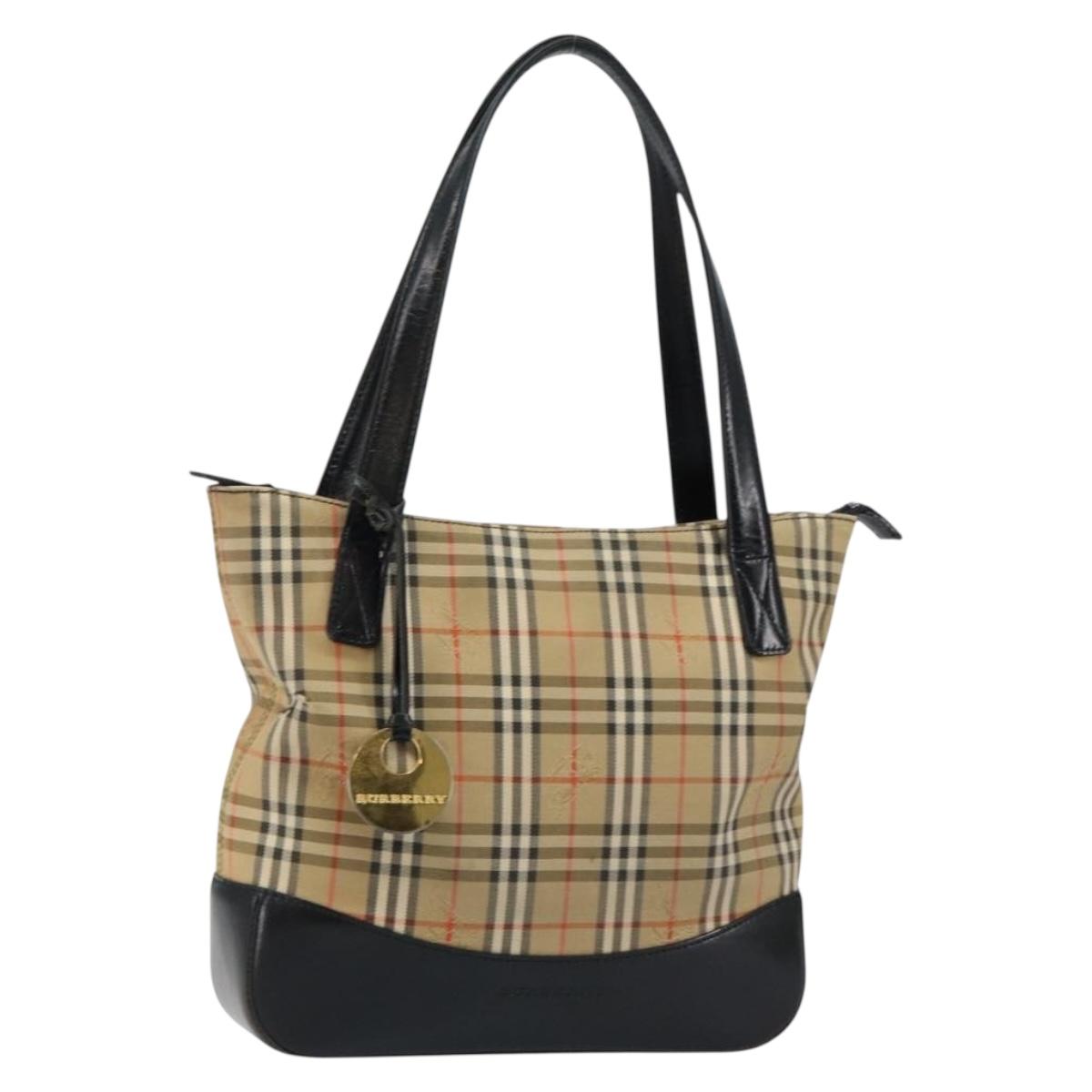 BURBERRY Nova Check Tote Bag Canvas Beige Gold Auth 147478