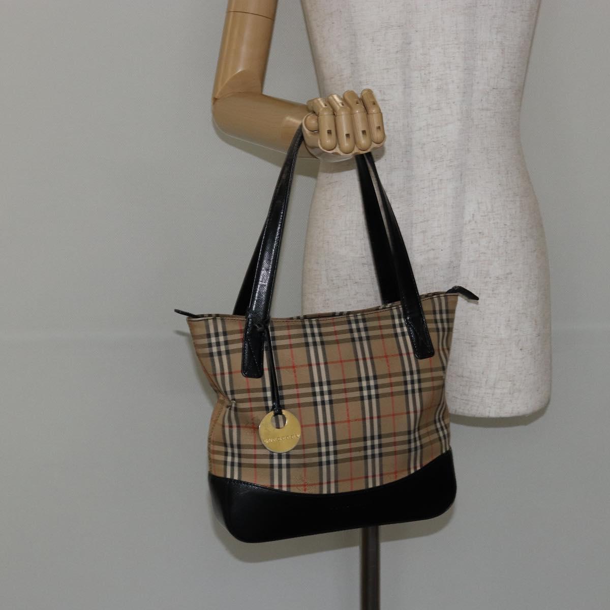BURBERRY Nova Check Tote Bag Canvas Beige Gold Auth 147478