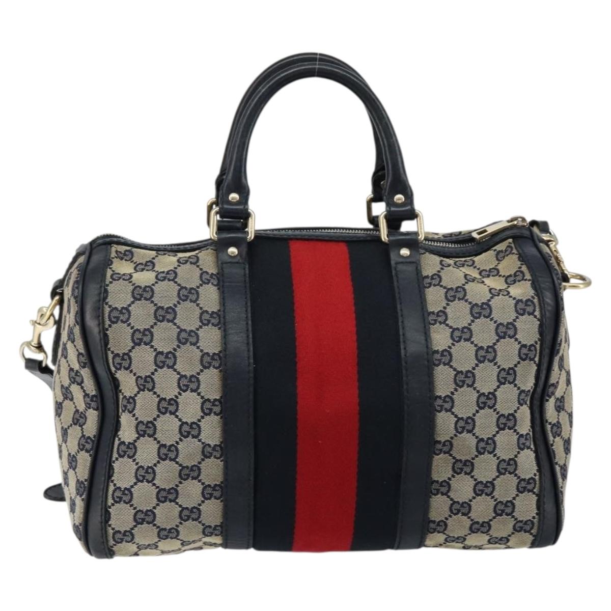 GUCCI GG Canvas Sherry Line Boston Bag 2way Navy Gold 247205 Auth 147483