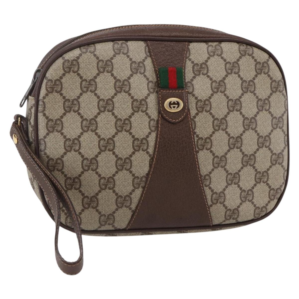 GUCCI GG Supreme Web Sherry Line Clutch Bag Beige Gold 156 01 034 Auth 147494
