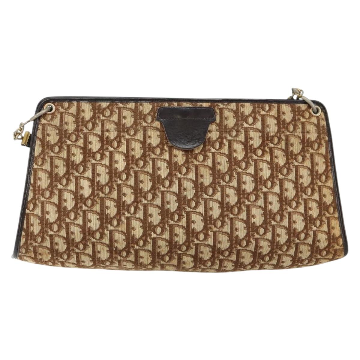 Christian Dior Trotter Canvas Shoulder Bag Brown Gold Auth 147503