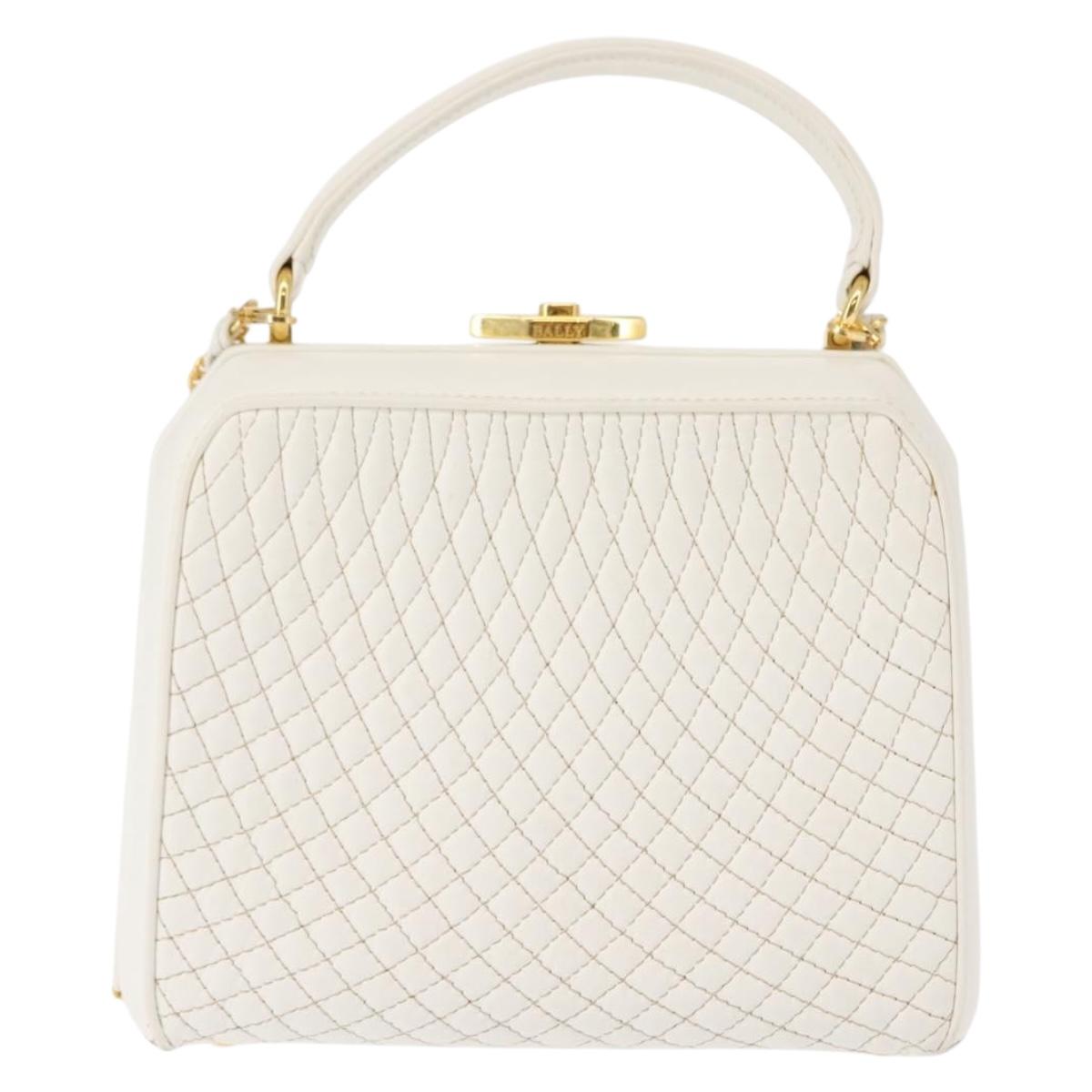 BALLY Hand Bag Leather 2way White Gold Auth 147505