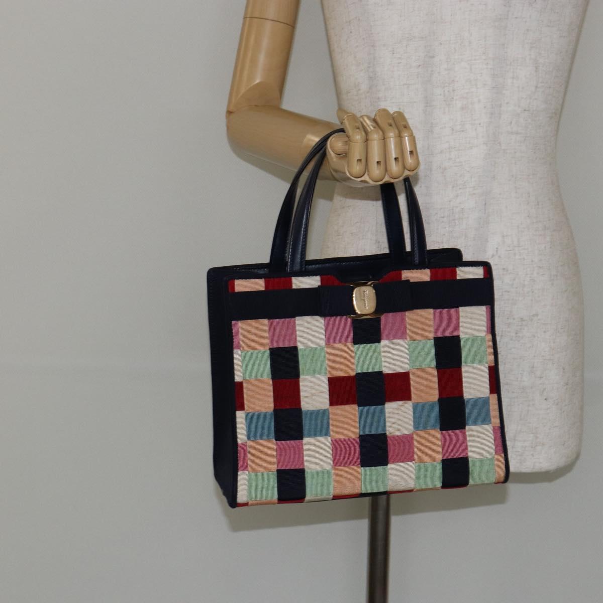 Salvatore Ferragamo Vala Hand Bag Nylon Navy Gold Auth 147506