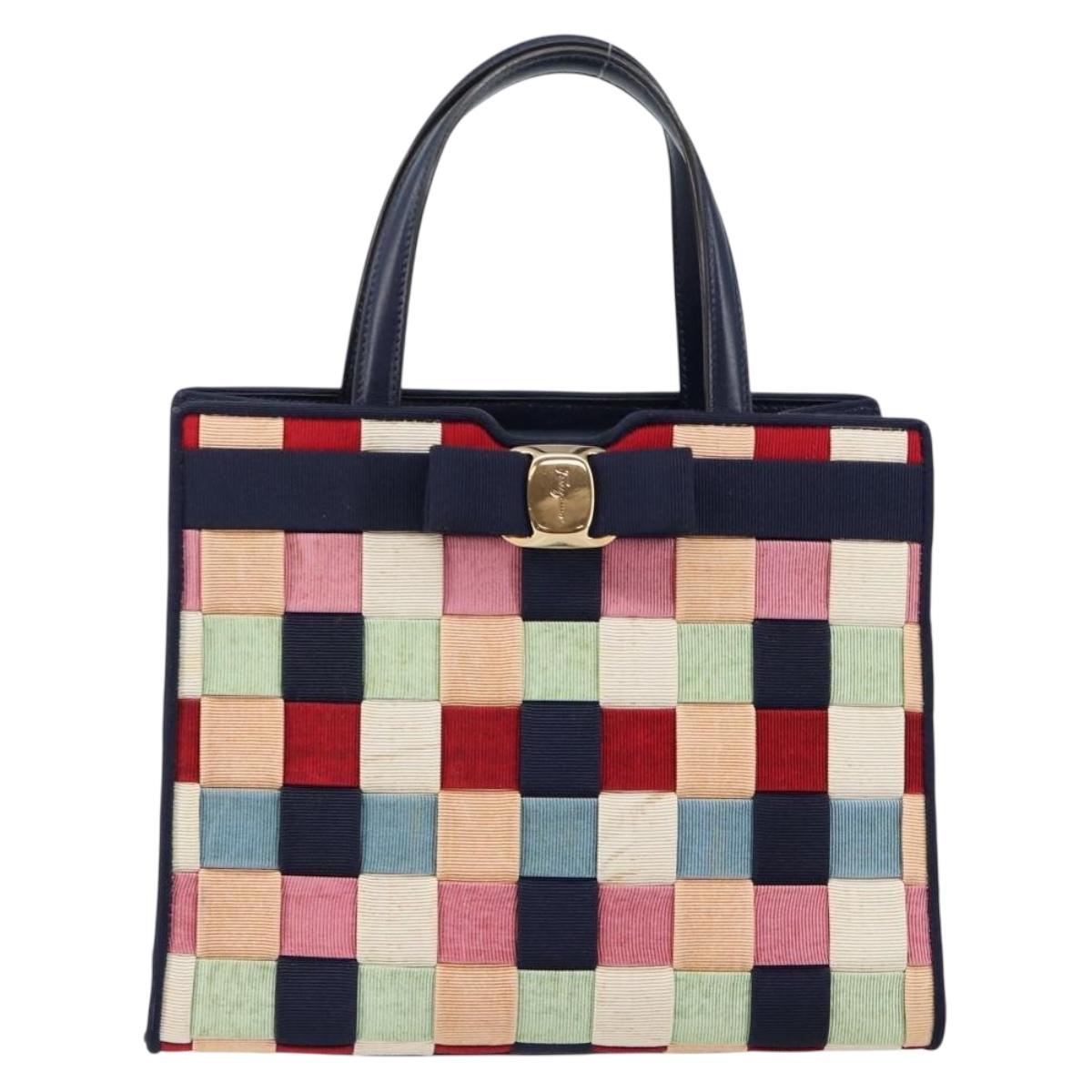 Salvatore Ferragamo Vala Hand Bag Nylon Navy Gold Auth 147506