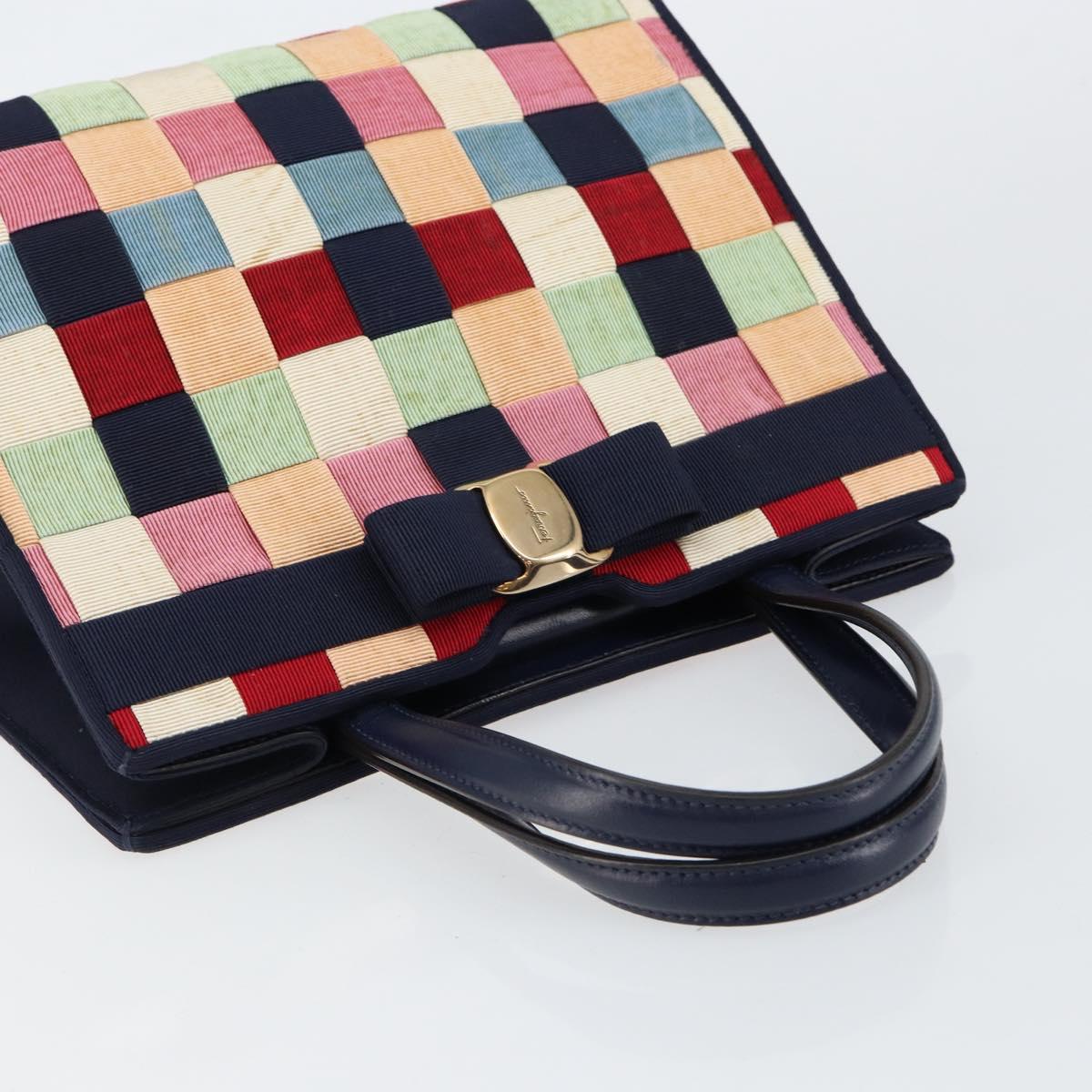 Salvatore Ferragamo Vala Hand Bag Nylon Navy Gold Auth 147506