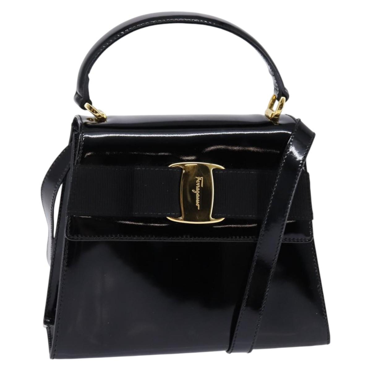 Salvatore Ferragamo Vala Hand Bag Enamel 2way Black Gold Auth 147507