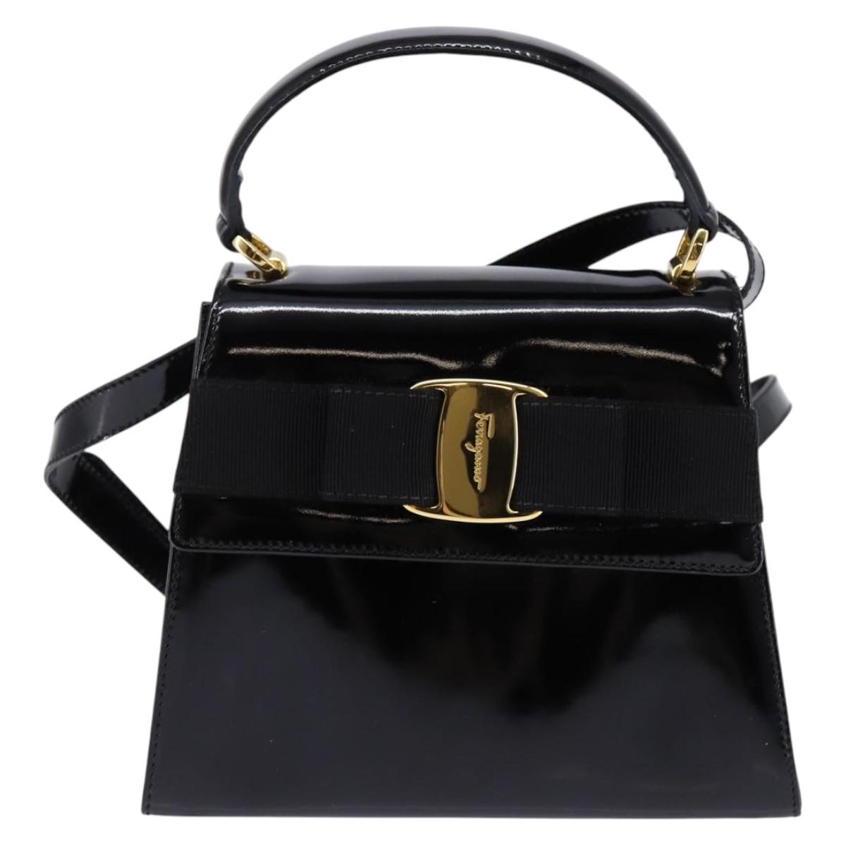 Salvatore Ferragamo Vala Hand Bag Enamel 2way Black Gold Auth 147507