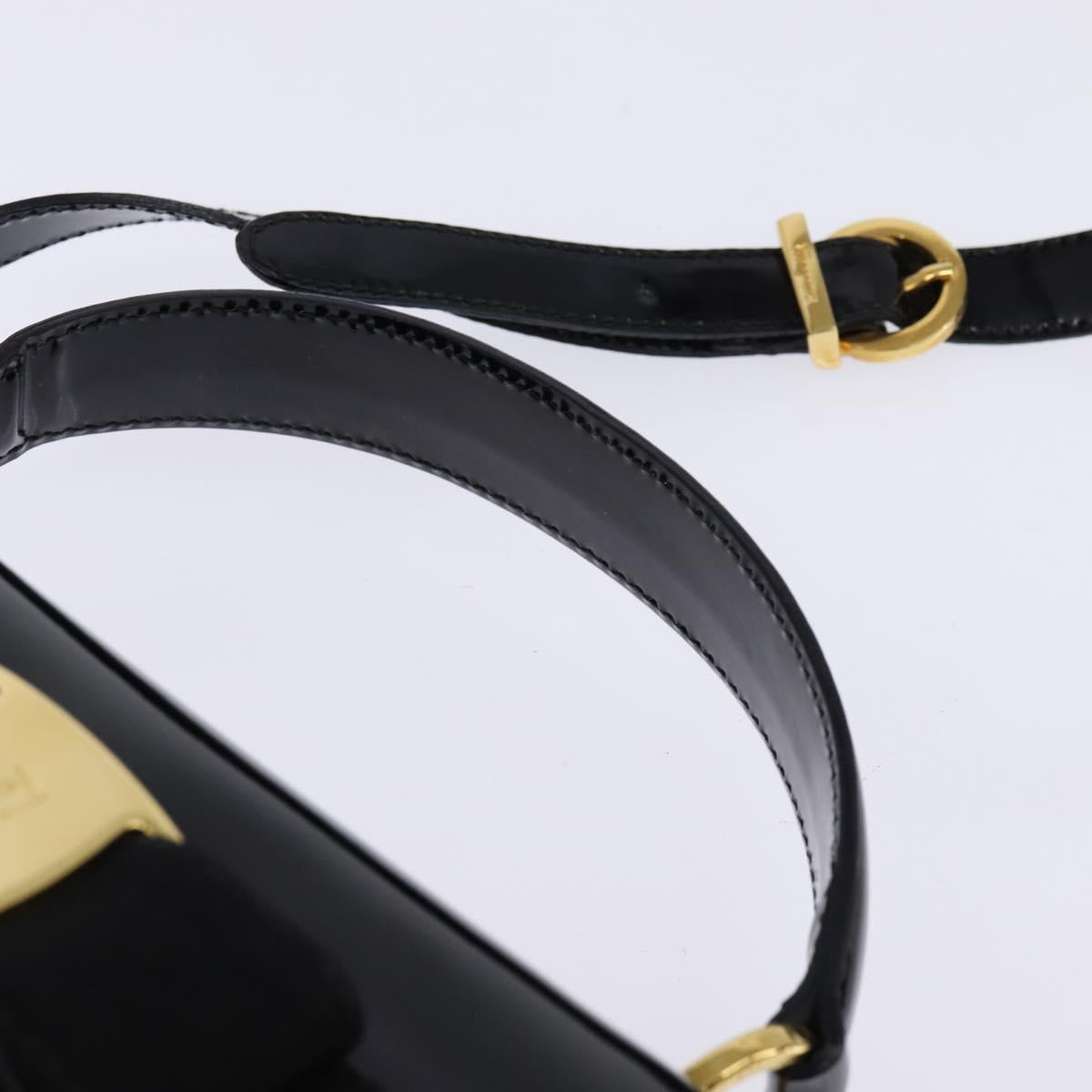 Salvatore Ferragamo Vala Hand Bag Enamel 2way Black Gold Auth 147507