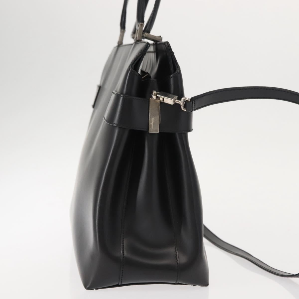 Salvatore Ferragamo Gancini Hand Bag Leather 2way Black Silver Auth 147509