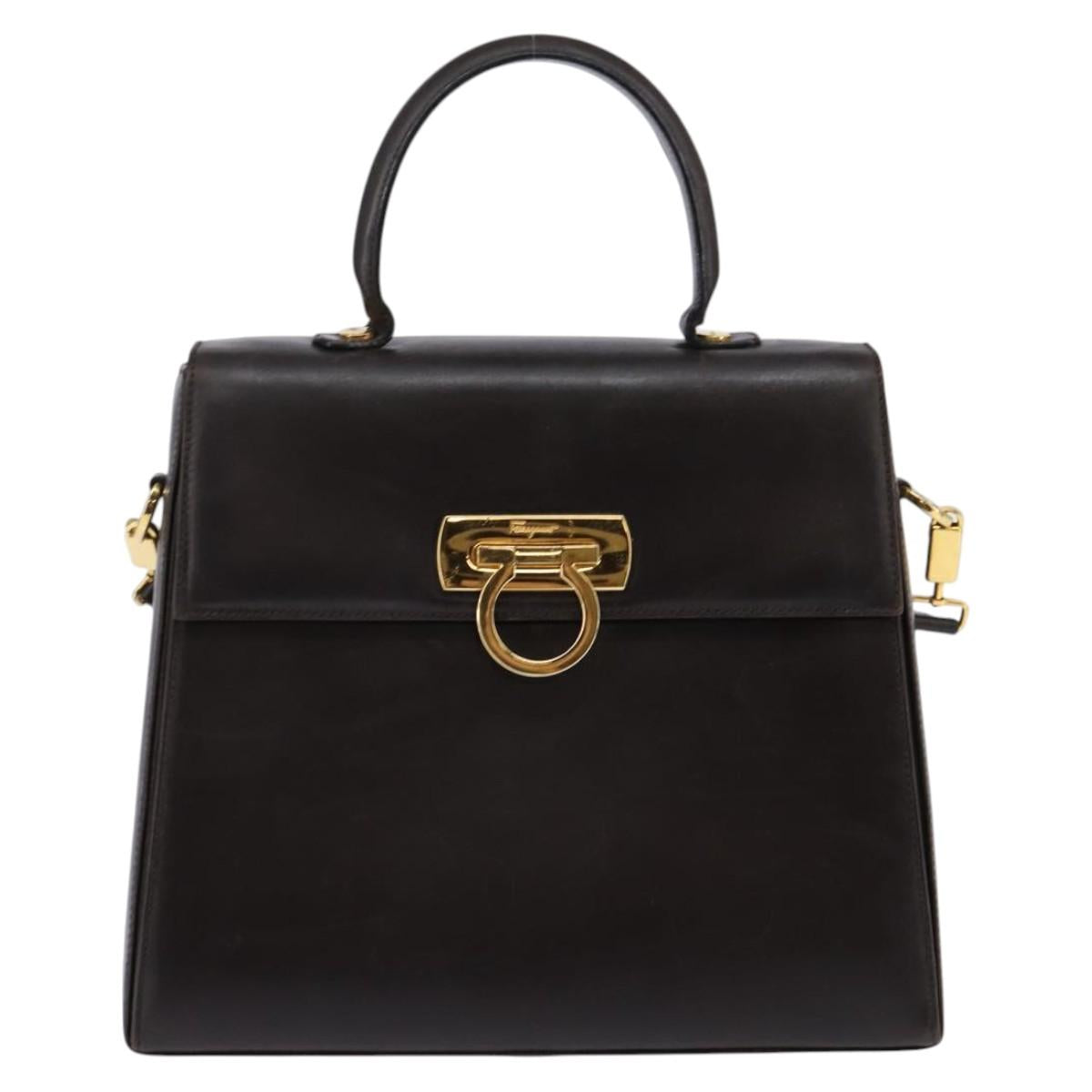 Salvatore Ferragamo Gancini Hand Bag Leather 2way Brown Gold Auth 147511