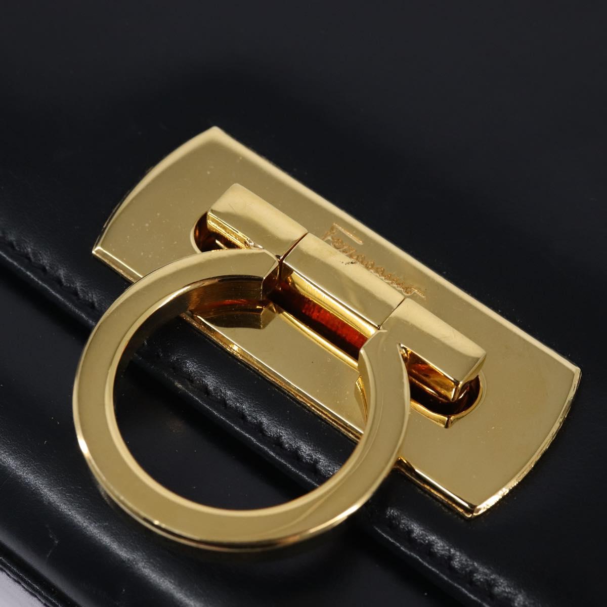 Salvatore Ferragamo Gancini Chain Shoulder Bag Leather Navy Gold Auth 147512