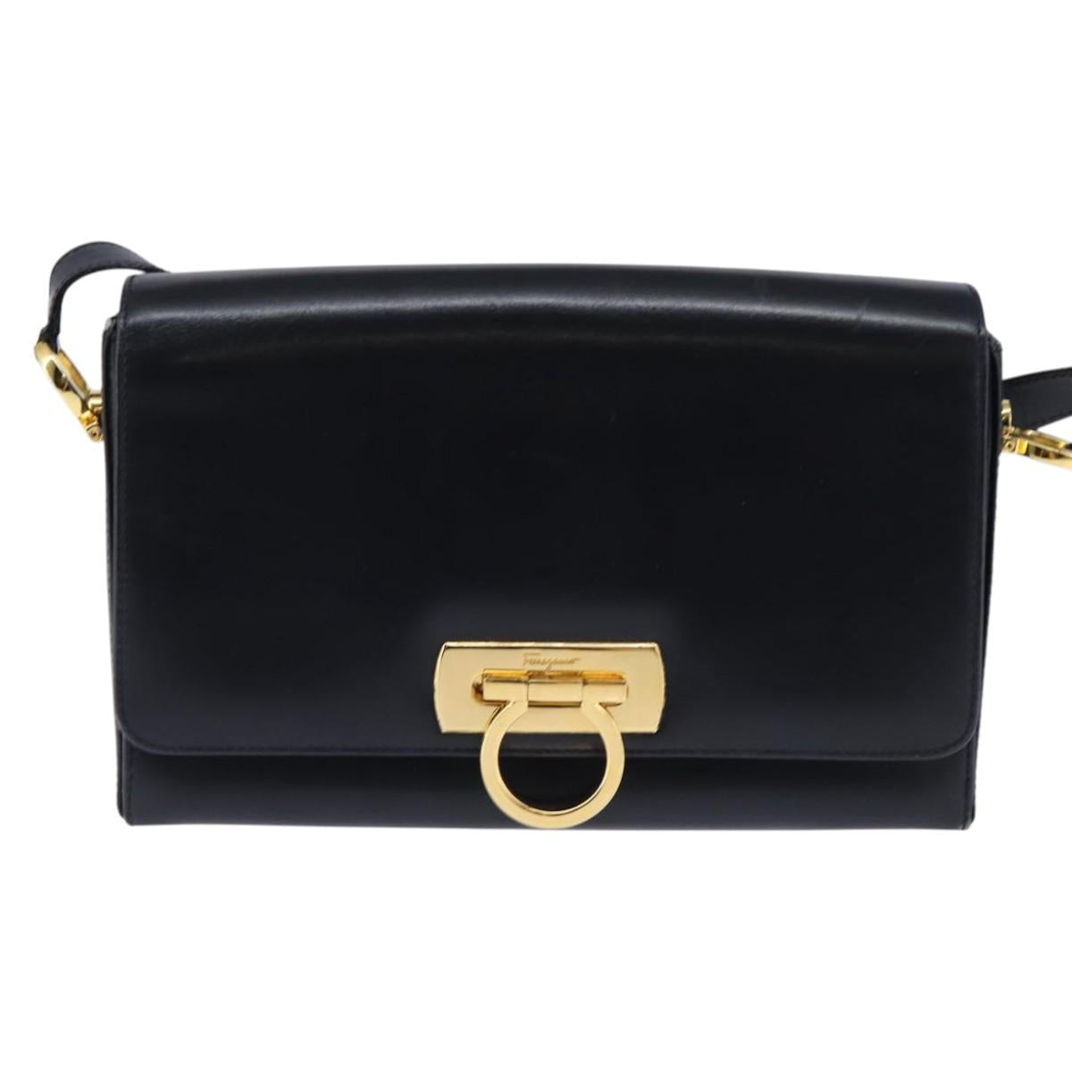 Salvatore Ferragamo Gancini Chain Shoulder Bag Leather Navy Gold Auth 147512