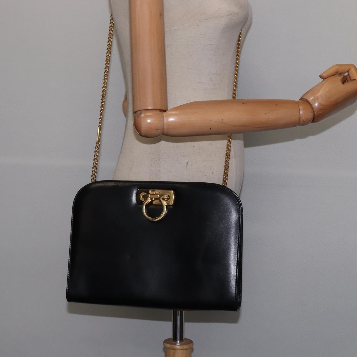 Salvatore Ferragamo Gancini Chain Hand Bag Leather Black Gold Auth 147513