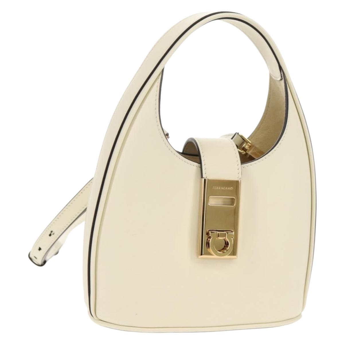 Salvatore Ferragamo Gancini Hand Bag Leather 2way White Gold Auth 147514M