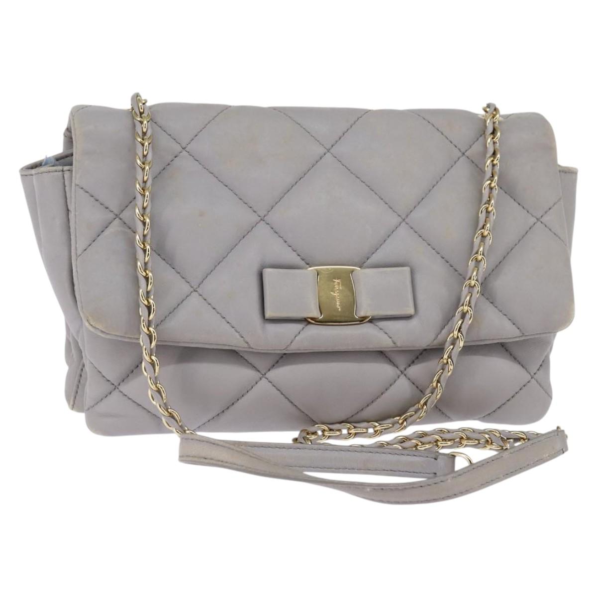 Salvatore Ferragamo Chain Vala Shoulder Bag Leather Gray Gold Auth 147515