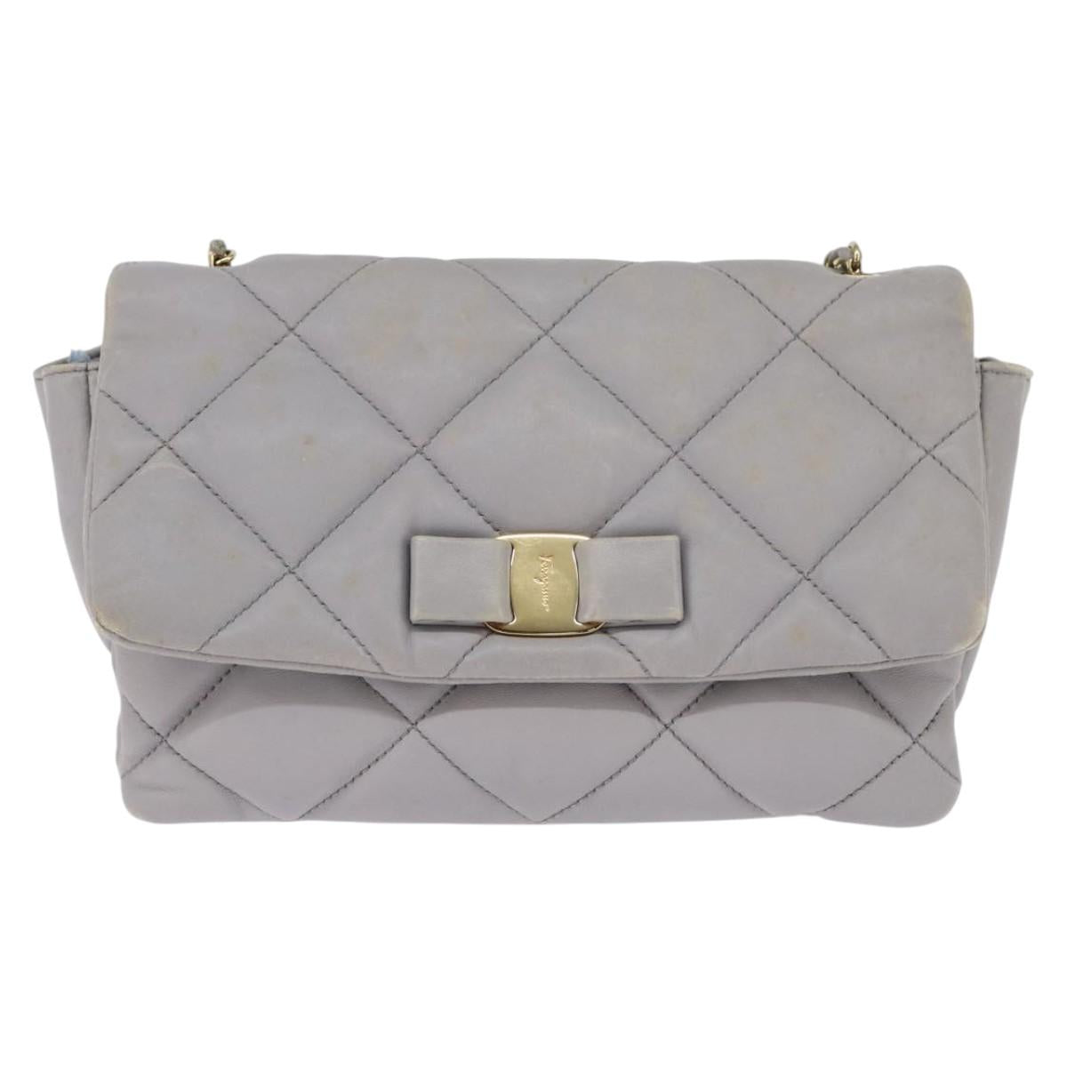 Salvatore Ferragamo Chain Vala Shoulder Bag Leather Gray Gold Auth 147515