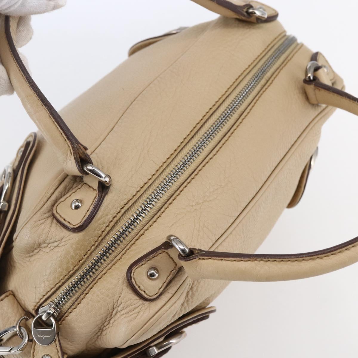 Salvatore Ferragamo Gancini Hand Bag Leather 2way Beige Silver Auth 147517