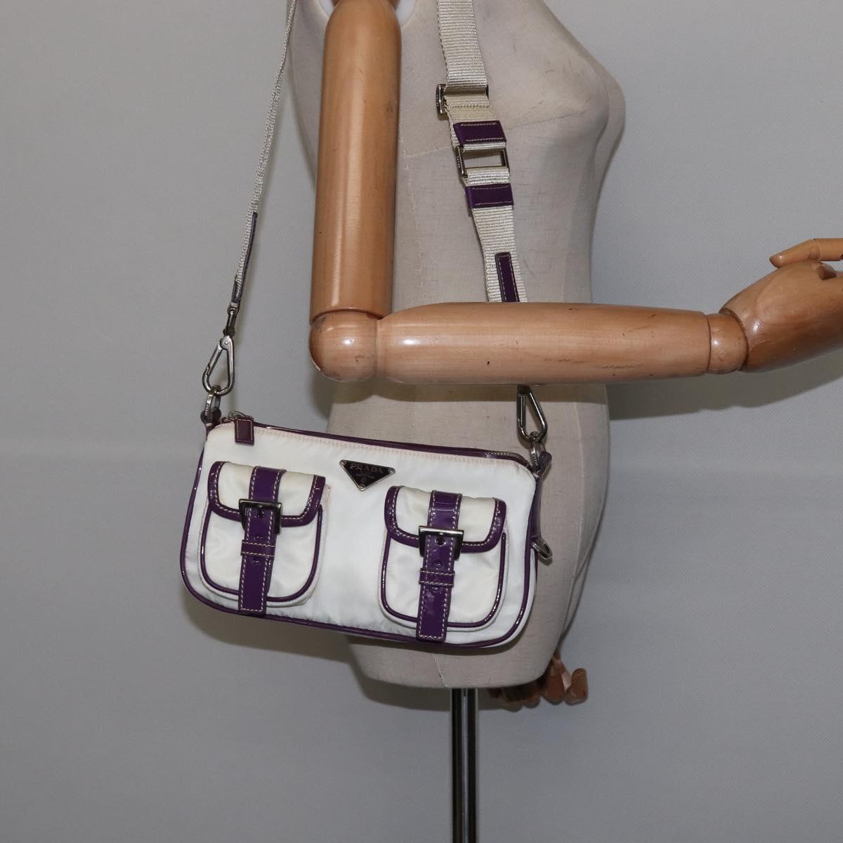 PRADA Shoulder Bag Nylon Enamel White Silver Auth 147522