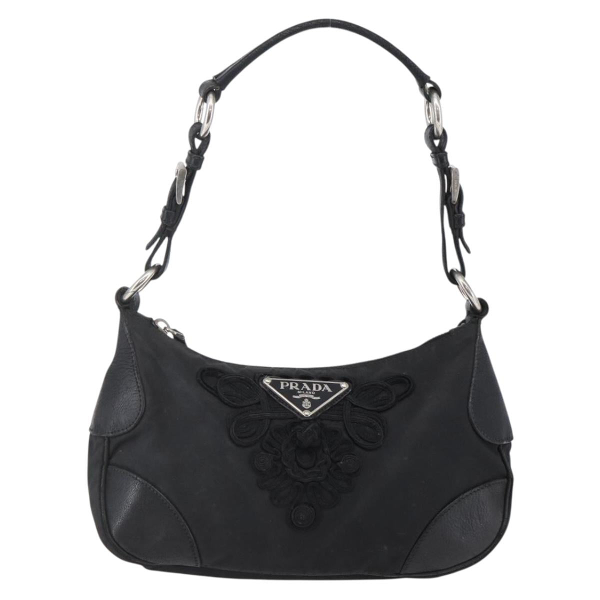 PRADA Shoulder Bag Nylon Leather Beige Silver Auth 147523