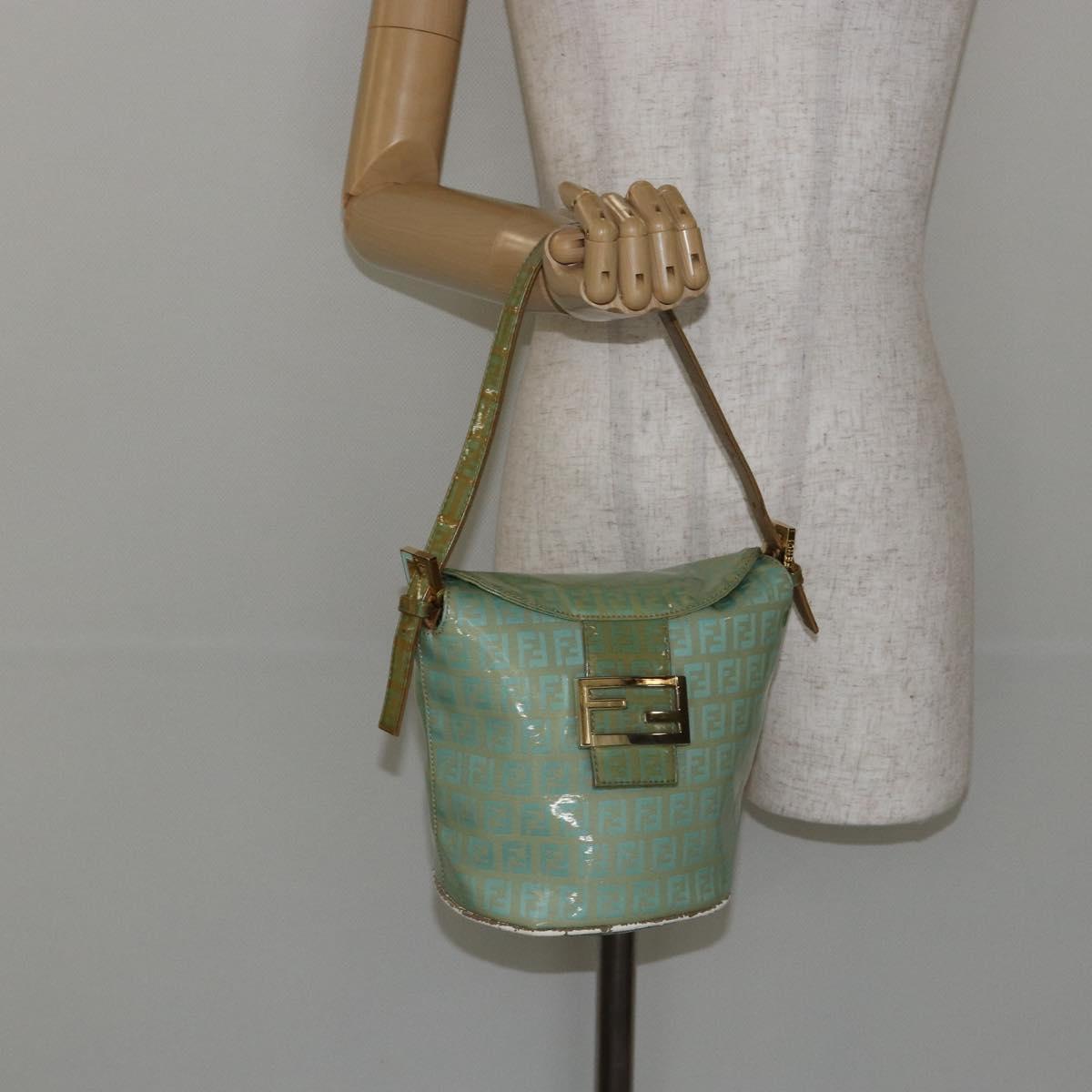 FENDI Zucchino Canvas Mamma Baguette Bag Enamel Peppermint Gold Auth 147538