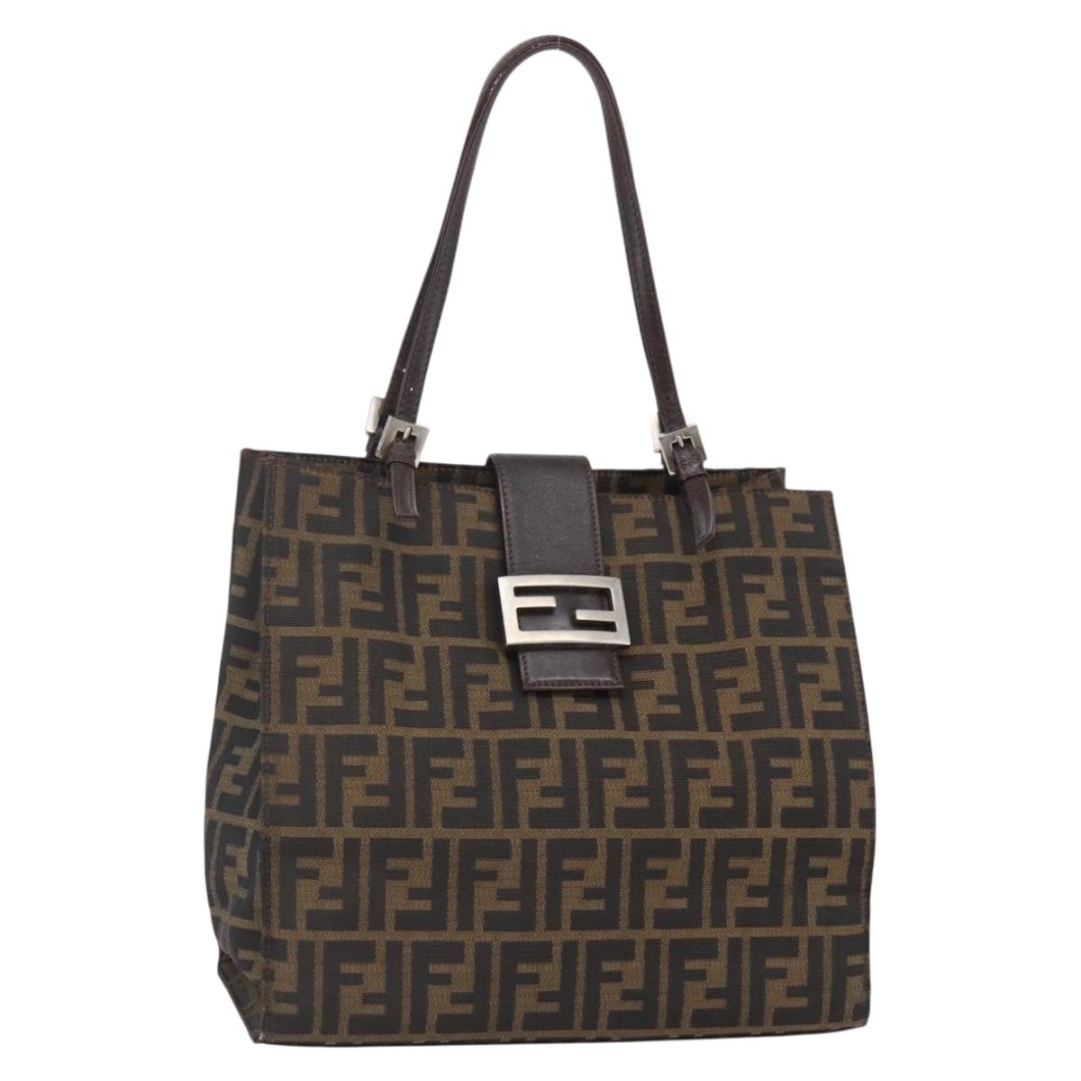 FENDI Zucca Canvas Mamma Baguette Tote Bag Black Brown Auth 147540
