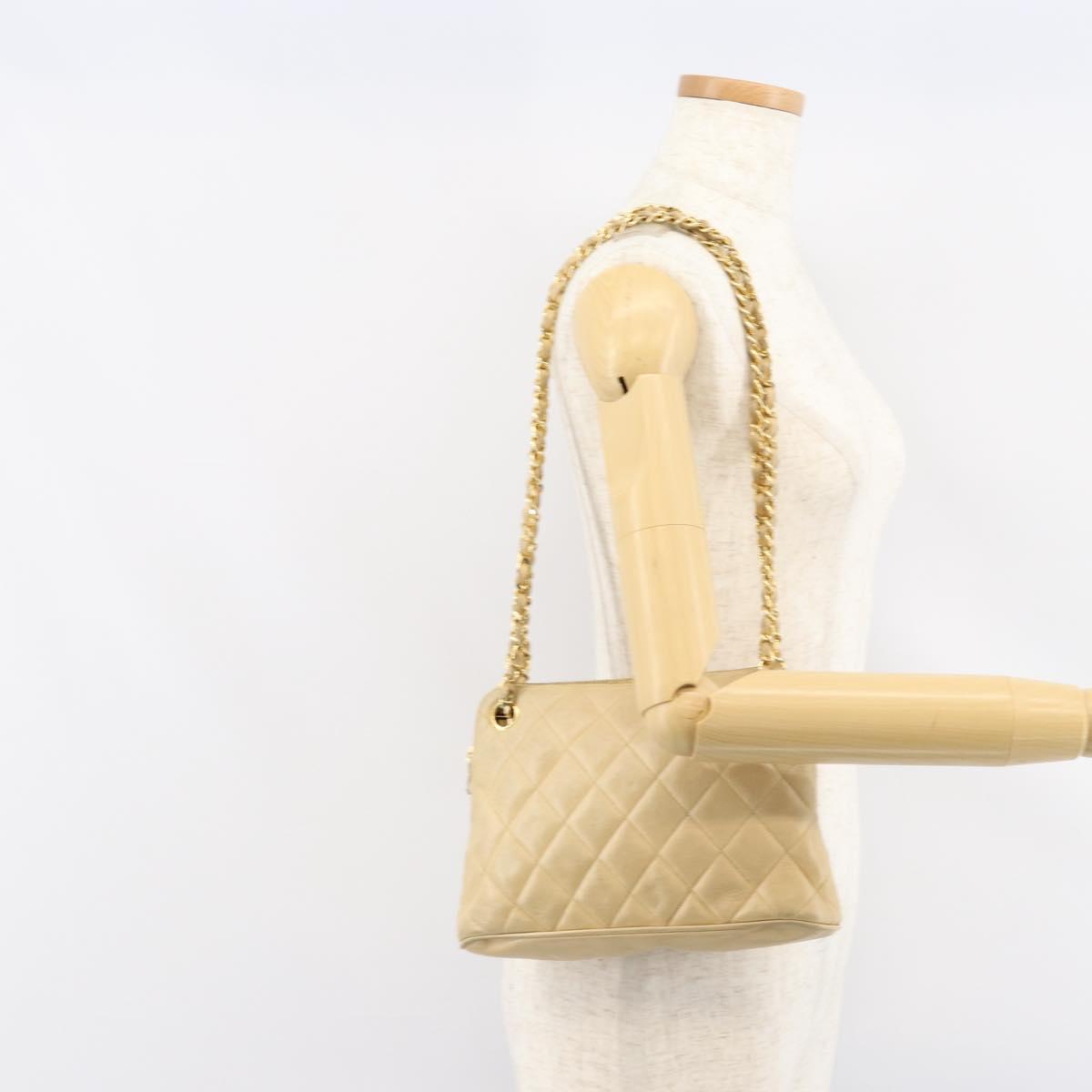 CHANEL Matelasse Chain Shoulder Bag Lamb Skin Beige Gold CC Auth 147554